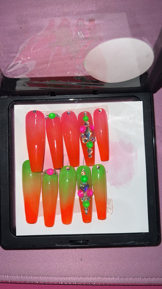 Orange and Green Ombre Acrylic Nail Set(Small)